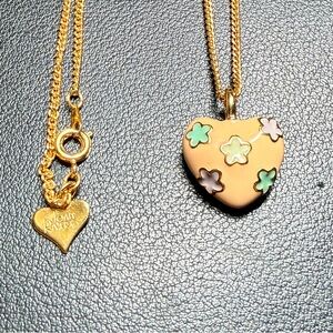 90s JOAN RIVERS Peach Pastel Enamel Multi Color Flowers Puffy Heart Necklace 24"